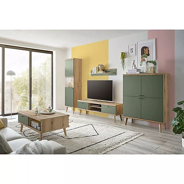 Wohnwand in Eiche mit grün AVEZZANO-61 Modern 5-teilig, inkl. Couchtisch un günstig online kaufen