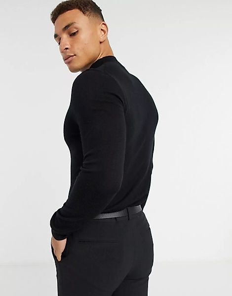 ASOS DESIGN – Schwarzer Muskel-Pullover aus Merinowolle mit Stehkragen günstig online kaufen