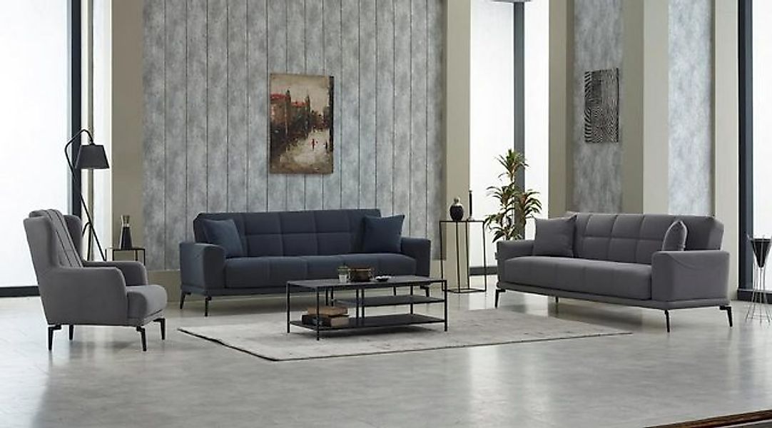 JVmoebel Sofa Couchgarnitur Komplette Dreisitzer Sessel Grau 3tlg Stoffsofa günstig online kaufen