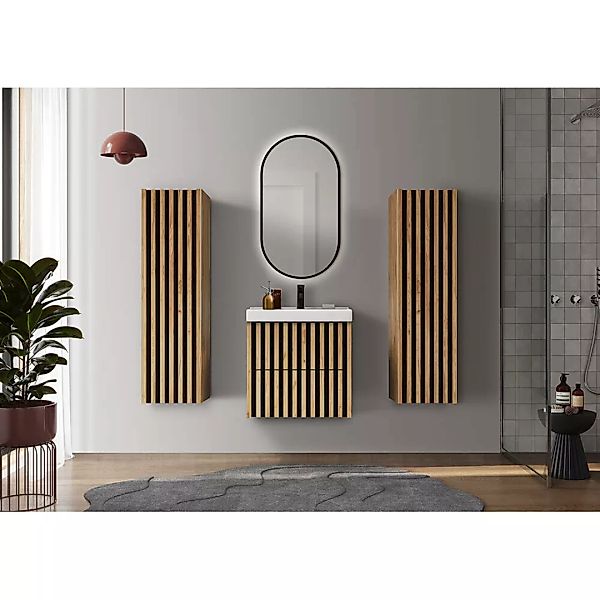 Badezimmermöbel Set mit 2 Hochschränken LUCCA-107 in Eiche Nb. mit Lamellen günstig online kaufen