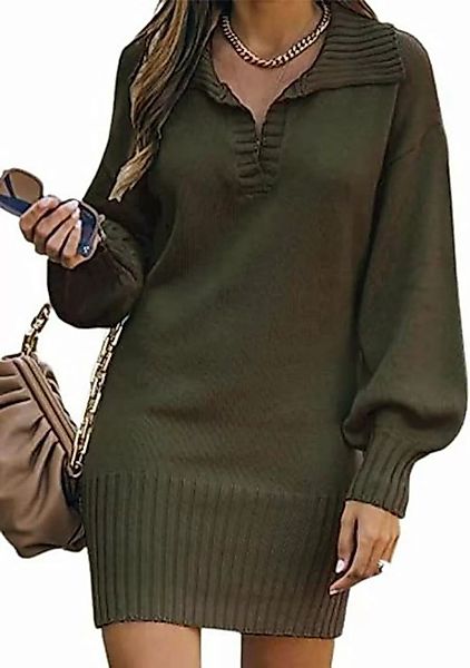FIDDY Maxikleid Damen Strickkleid Pulloverkleid Revers V Ausschnitt Laterne günstig online kaufen