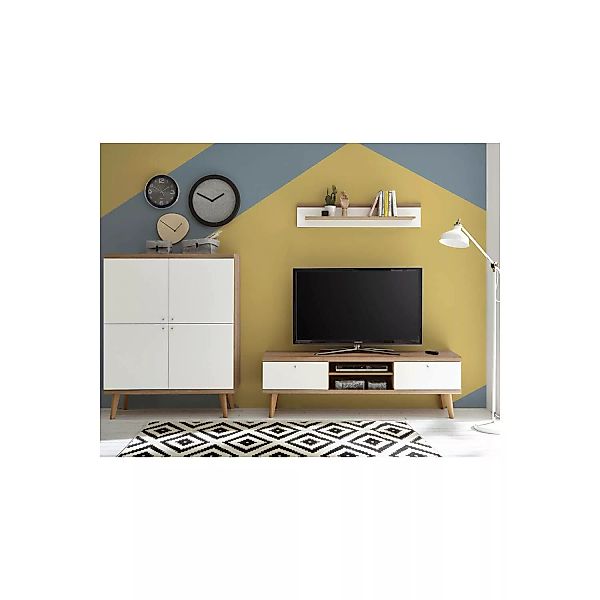 Wohnwand mit Highboard MAINZ-61 weiß matt mit Eiche Riviera Nb. B/H/T ca. 2 günstig online kaufen