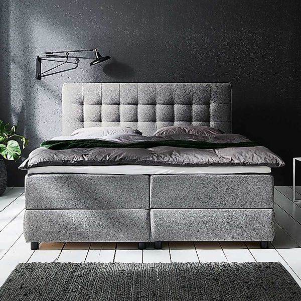 Doppel Bett mit Box Matratze und Bettkasten Grau Stoff günstig online kaufen