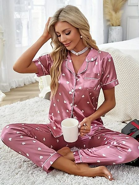 Elegant Love Pyjama Damen-Nachtwäsche & Loungewear aus Satin im Herzchenmus günstig online kaufen