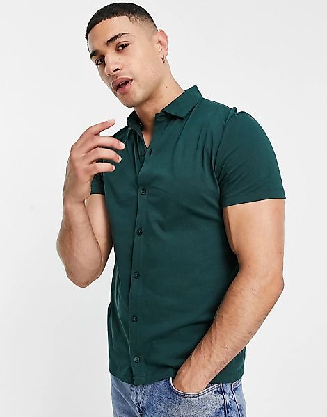 ASOS DESIGN – Jersey-Hemd aus Bio-Baumwolle mit Knopfleiste in Grün günstig online kaufen