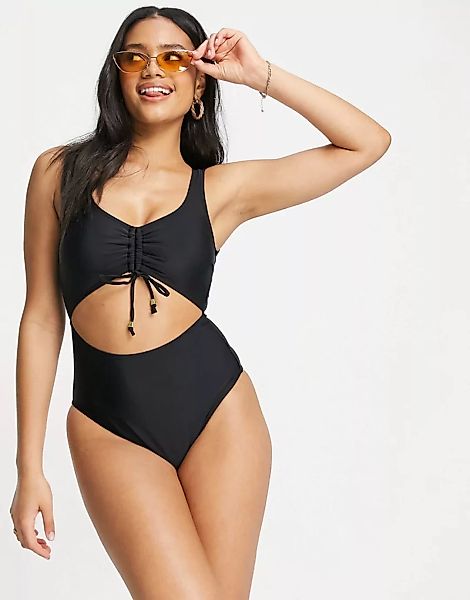 New Look – Badeanzug in Schwarz mit Raffung und Zierausschnitt günstig online kaufen