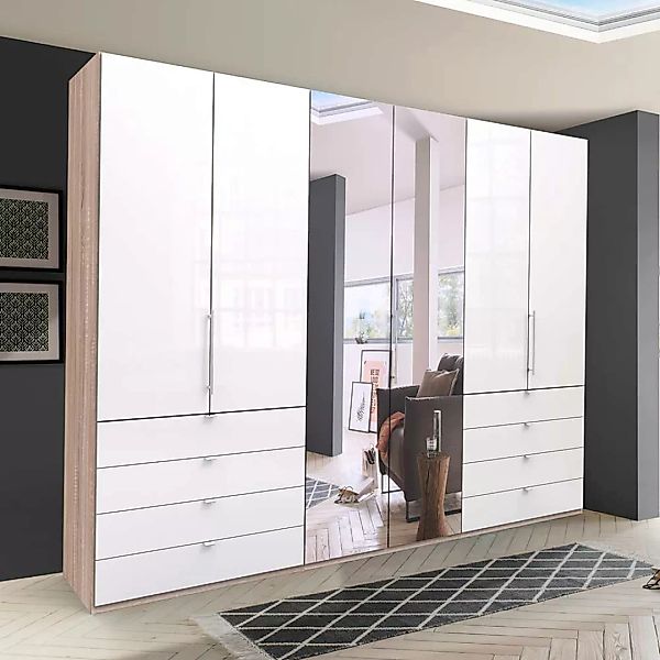 Gleittüren Schlafzimmerschrank mit Spiegel und Schubladen glasbeschichtet günstig online kaufen
