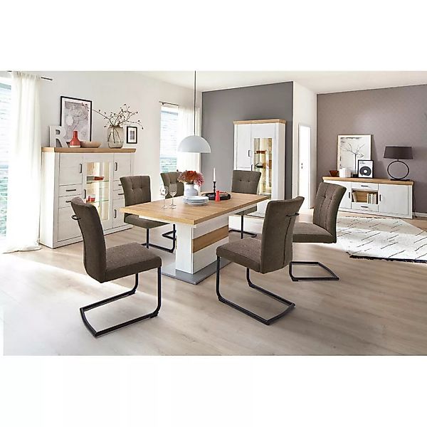 Esszimmer Set mit ausziehbaren Esstisch 180-280cm MARINGA-05 in Pinie Weiß günstig online kaufen