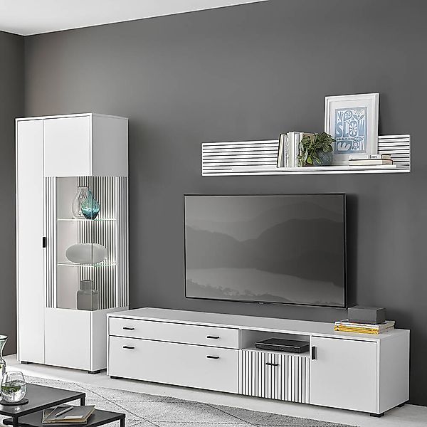 TV Wohnwand 3-teilig mit Beleuchtung weiß matt schwarz gerillt HUNTER-61, i günstig online kaufen
