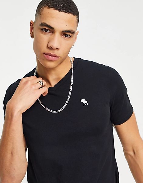 Abercrombie & Fitch – T-Shirt in Schwarz mit V-Ausschnitt günstig online kaufen