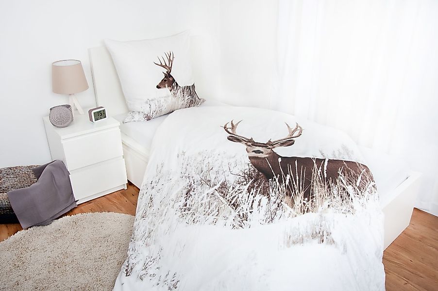 Herding Kinderbettwäsche Hirsch Bettwäsche Set Winterlandschaft günstig online kaufen