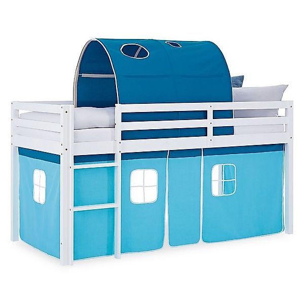 Homestyle4u Hochbett 90x200 Kinderbett Weiß mit Vorhang Blau für 1 Kind Kie günstig online kaufen