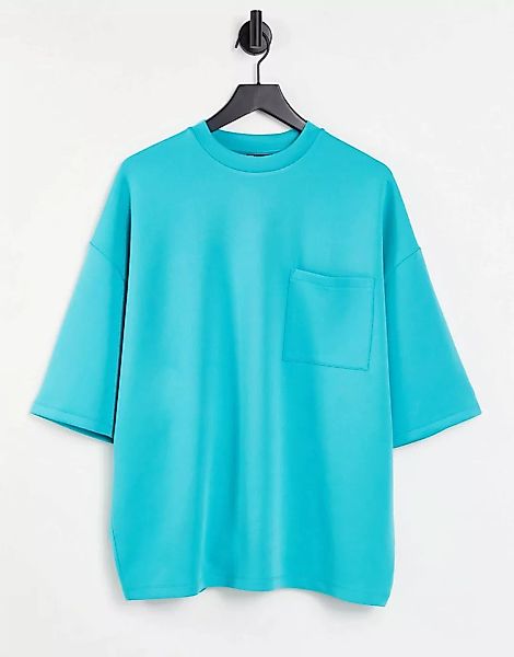 ASOS DESIGN – Oversize-T-Shirt aus Scuba in Blau mit Brusttasche günstig online kaufen