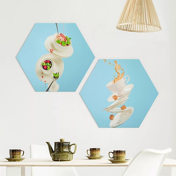 2-teiliges Hexagon-Alu-Dibond Bild Fliegende Tassen günstig online kaufen