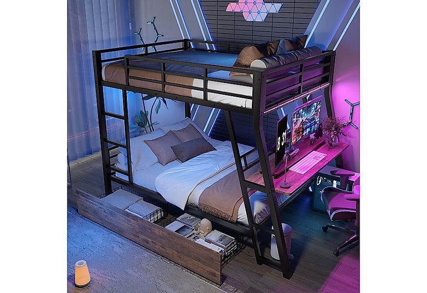 Flieks Etagenbett, LED Metallbett 140x200cm mit Rausfallschutz, Schreibtisc günstig online kaufen