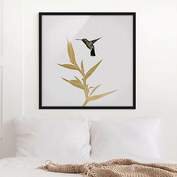 Bild mit Rahmen Kolibri und tropische goldene Blüte II günstig online kaufen