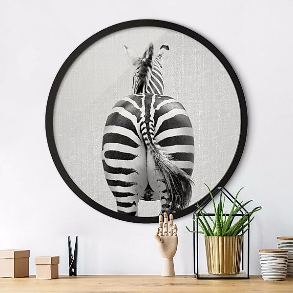 Rundes Gerahmtes Bild Zebra von hinten Schwarz Weiß günstig online kaufen