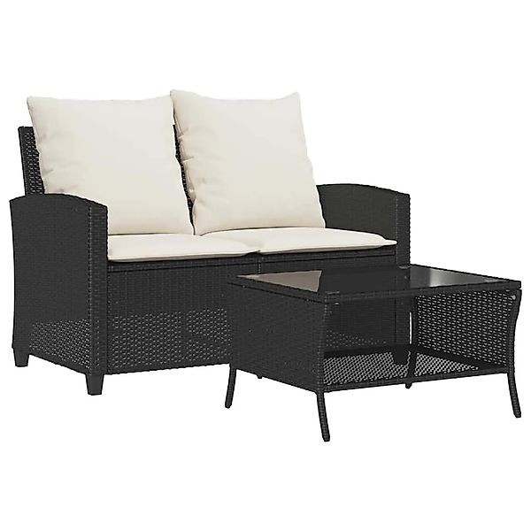 vidaXL Gartensofa 2-Sitzer mit Kissen & Tisch Schwarz Poly Rattan 4103845 günstig online kaufen