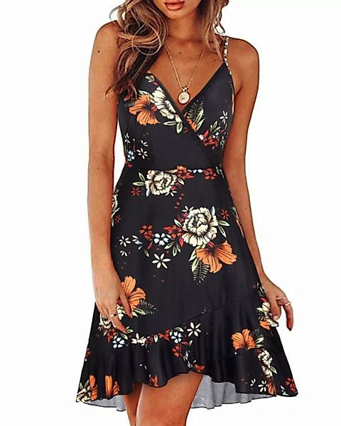 ENIX Sommerkleid Damen Sommerkleider Blumenmuster Kleid V-Ausschnitt Strand günstig online kaufen