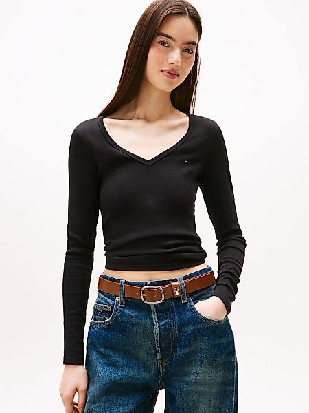 Tommy Jeans Langarmshirt "TJW SLIM ESSENTIAL RIB V LS" mit Logostickerei günstig online kaufen