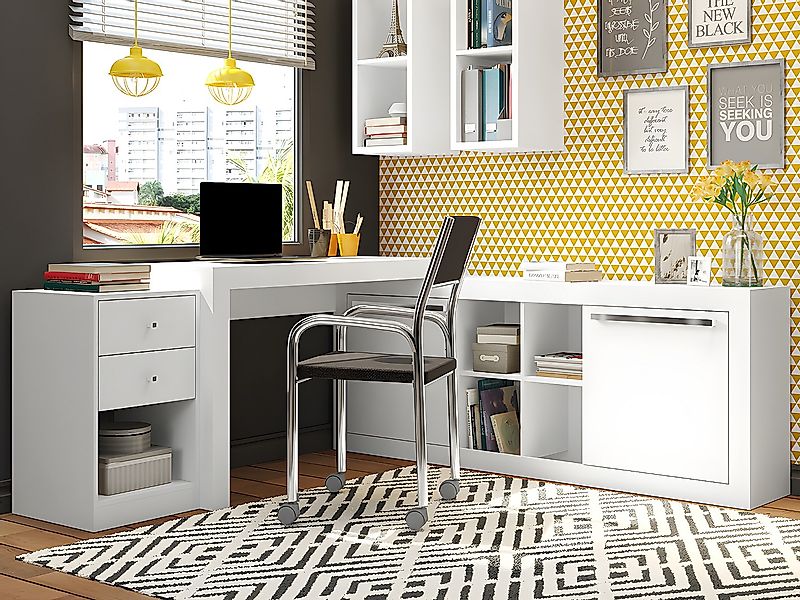 Eckschreibtisch mit 2 Schubladen & 2 Türen - Weiß - EVAN günstig online kaufen