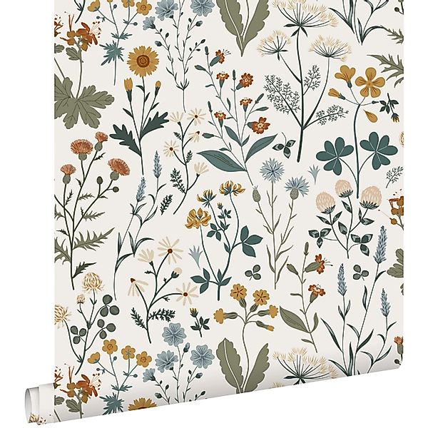 ESTAhome Tapete Feldblumen Ockergelb Graugrün und Vintage Blau 53 cm x 10.0 günstig online kaufen