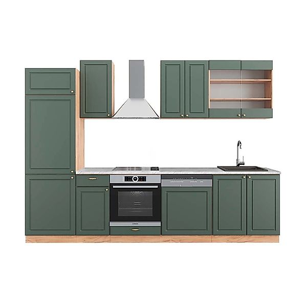 Vicco Fame-Line Küchenzeile Grün-Gold Landhaus/Goldkraft Eiche 300 cm AP Ma günstig online kaufen