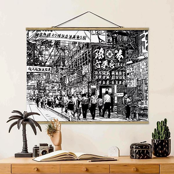 Stoffbild mit Posterleisten Schwarzweiße Zeichnung Asiatische Straße II günstig online kaufen