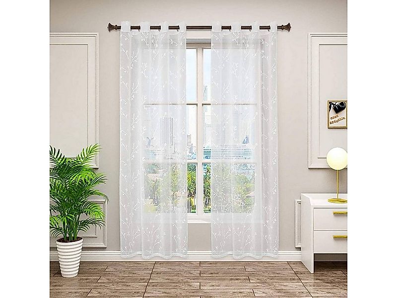 Woltu Gardine (2 St), transparent Blumen Stickerei mit Ösen Leinen Optik günstig online kaufen