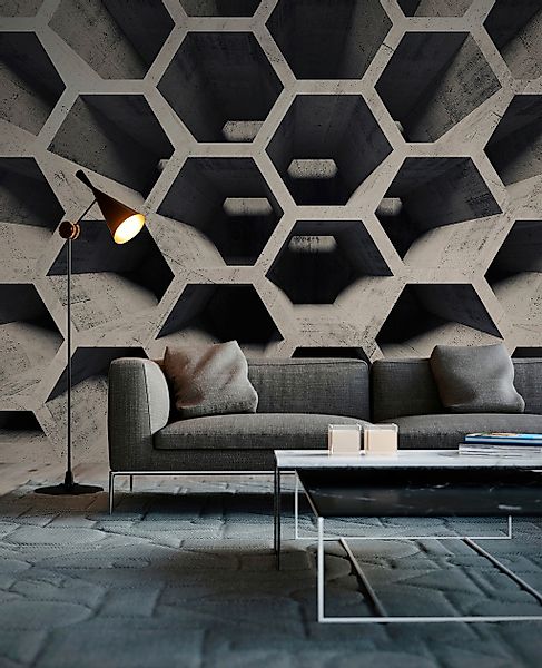 Fototapete Hexagon Muster 3D Effekt  Grau Beige 3,50 m x 2,55 m FSC® günstig online kaufen
