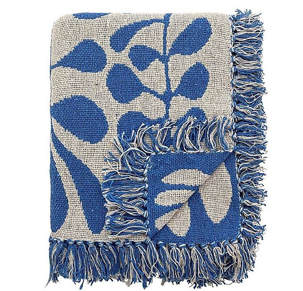 Wolldecke Bloomingville Decke NEVINE Blau Creme Florales Muster 160x130 cm, günstig online kaufen