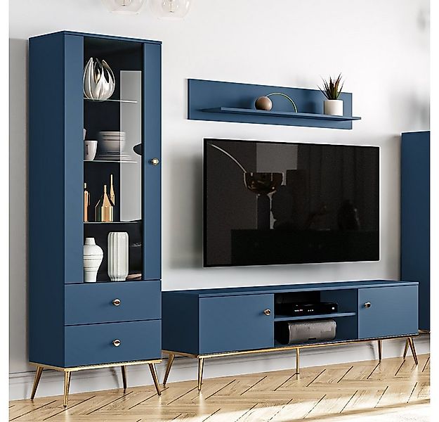 Lomadox Wohnwand MONTPELLIER-131, (3-St), dunkelblau, inkl. LED-Beleuchtung günstig online kaufen