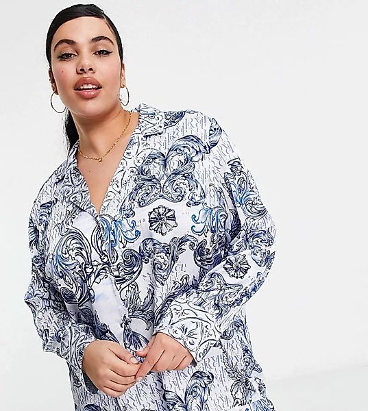 River Island Plus – Pyjama-Hemd aus Satin mit Paisleymuster in Blau, Kombit günstig online kaufen