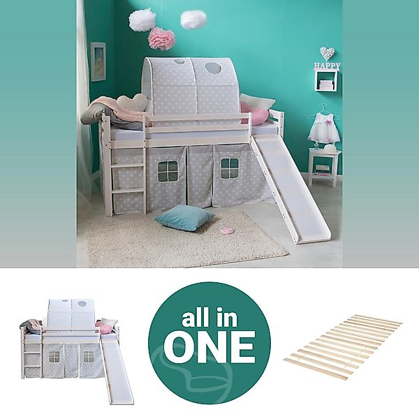 Homestyle4u Hochbett 90x200 Weiß mit Lattenrost und Rutsche Tunnel 2769 günstig online kaufen