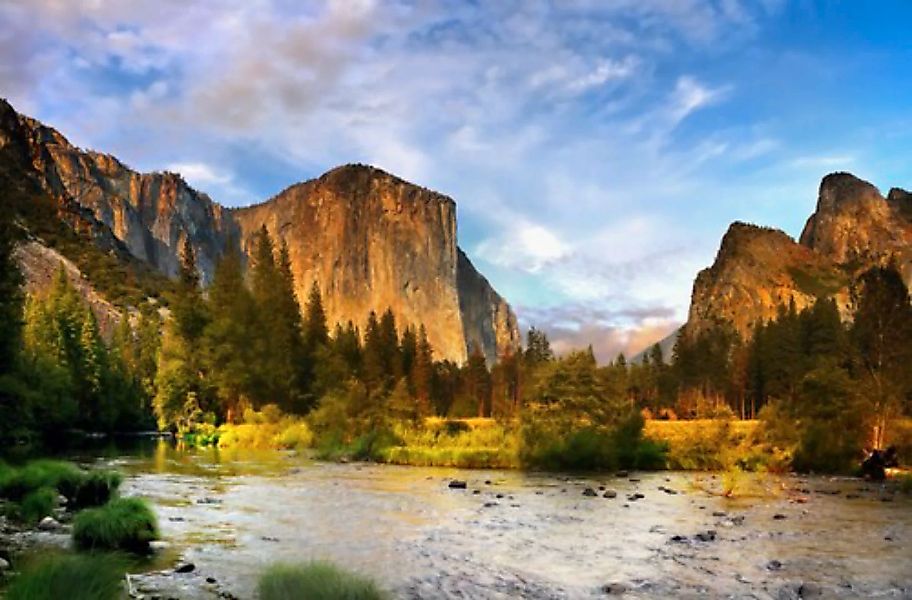 Papermoon Fototapete »YOSEMITE TAL-GEBIRGE BLUME BERGE SONNE WALD FLUSS FEL günstig online kaufen