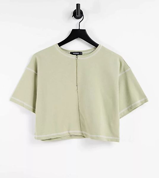 Missguided – Kurzes T-Shirt in Grün mit Kontrastnähten und kurzem Reißversc günstig online kaufen