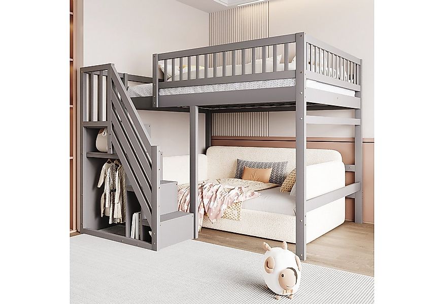 Flieks Hochbett Massivholz Doppelbett Kinderbett 140x200cm mit Stauraumtrep günstig online kaufen