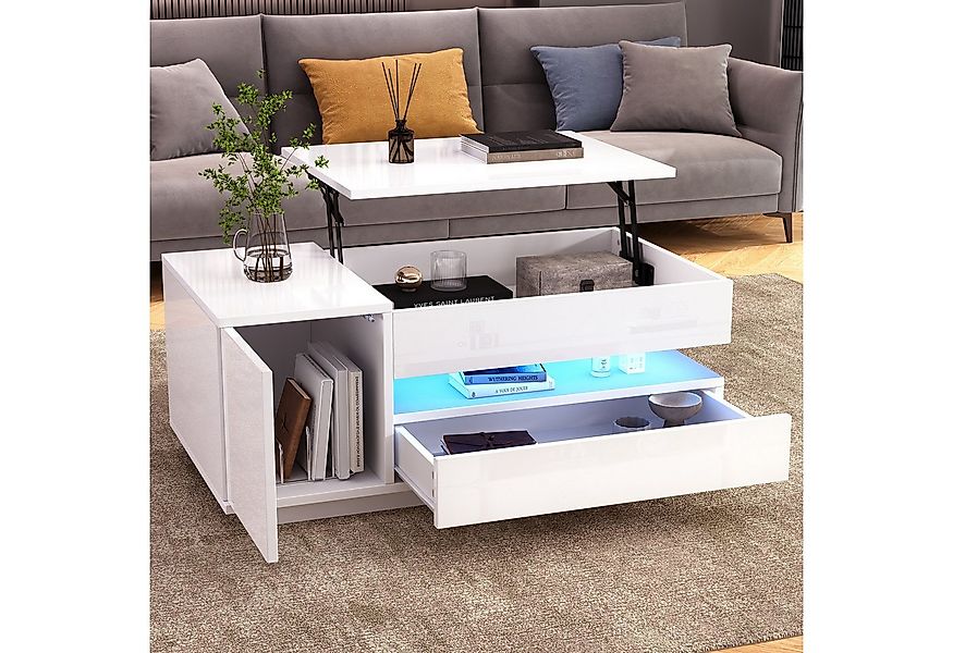Merax Couchtisch anhebbarer Sofatisch hochglanz Beistelltisch mit LED-Beleu günstig online kaufen
