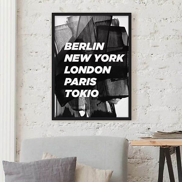 Bild mit Rahmen Spruch - Hochformat Berlin New York London günstig online kaufen