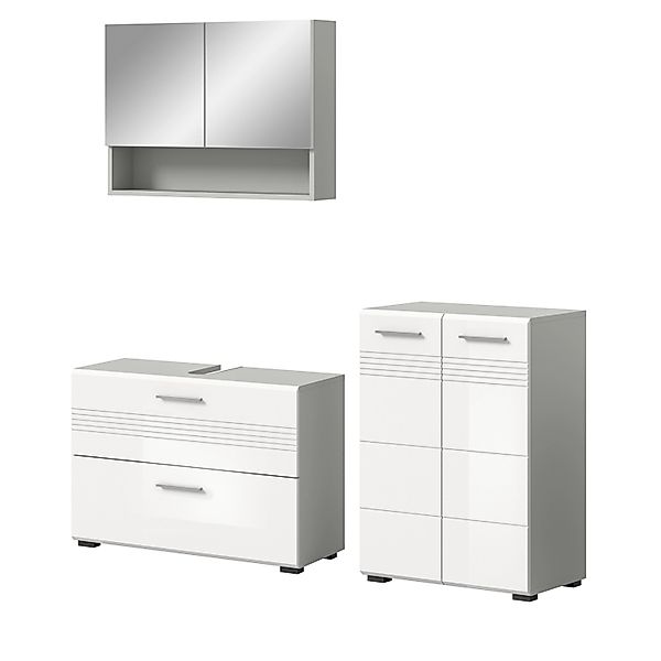 Inn.Furn Badmöbel-Set 3-teilig Weiß Hochglanz Grau 155 cm Soft-Close Carlo günstig online kaufen