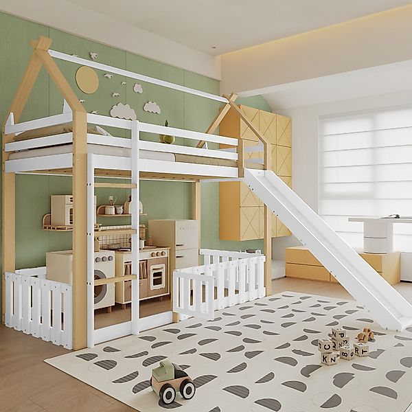 Merax Hochbett (Weiß+Natur, 1-St., Etagenbett Stockbett günstig online kaufen