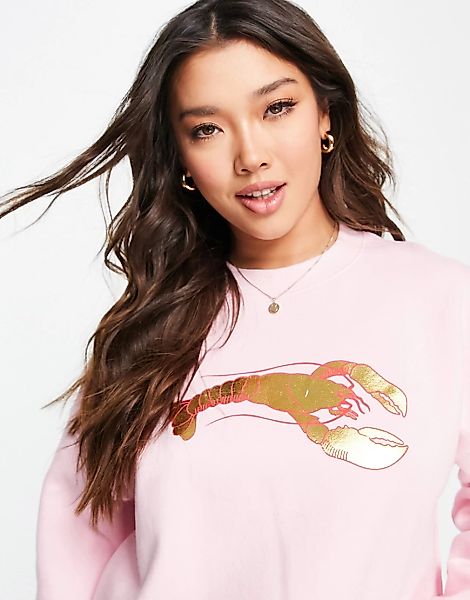 Skinnydip – Kurzes Sweatshirt in Rosa mit Hummermotiv günstig online kaufen