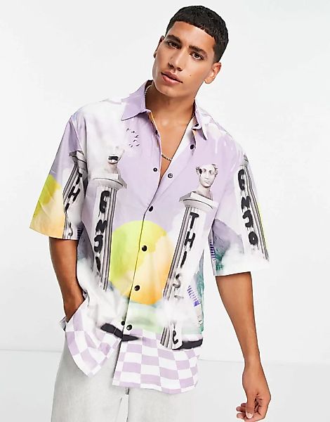 Bershka – Oversize-Hemd in Flieder mit Print-Violett günstig online kaufen