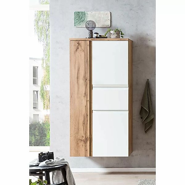 Lomadox Midischrank VASTO-03-WHITE Wotan Eiche Nb. mit weiß matt 40/130/35 günstig online kaufen