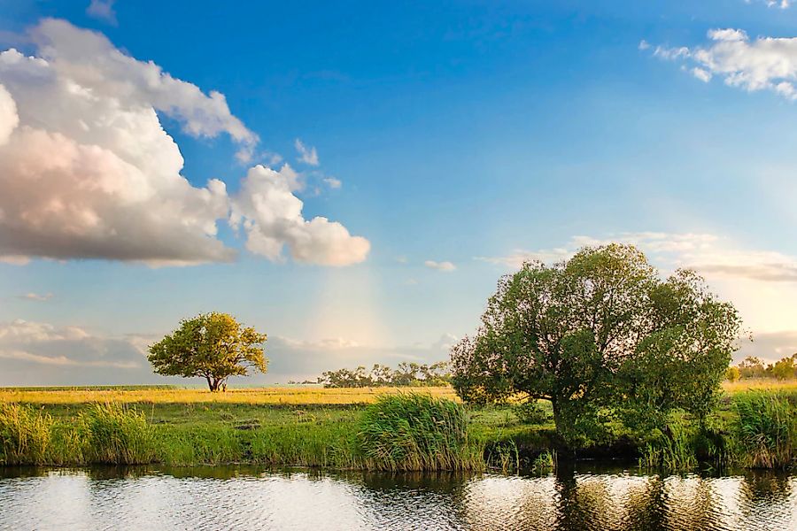 Papermoon Fototapete "Fluss bei Feldern" günstig online kaufen