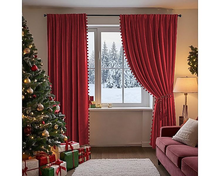 Jibenhome Gardine 2er Set Samt-Weihnachtsvorhänge Pompons, Rot/Grün Verdunk günstig online kaufen