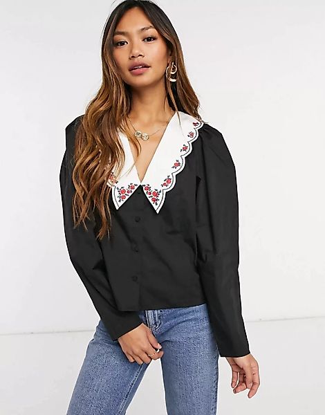 ASOS DESIGN – Schwarzes Baumwollhemd mit Kontrastkragen mit Blumenstickerei günstig online kaufen