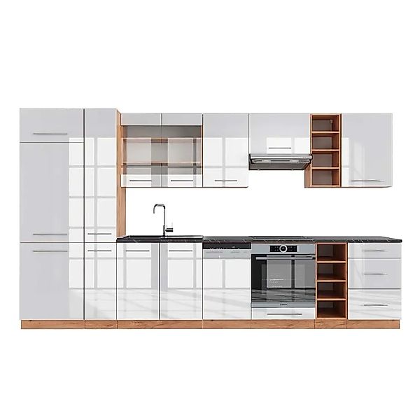 Vicco Fame-Line Küchenzeile Weiß Hochglanz/Goldkraft Eiche 355 cm AP Anthra günstig online kaufen