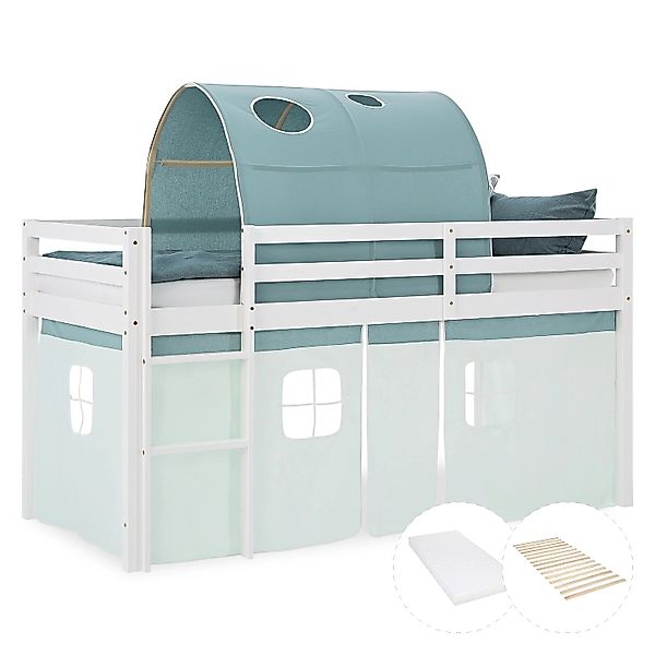 Homestyle4u Kinder Hochbett 90x200 mit Matratze + Lattenrost Tunnel Vorhang günstig online kaufen