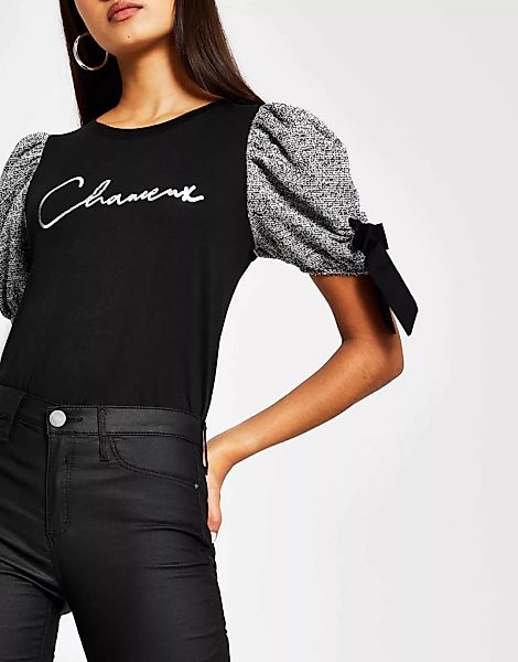 River Island – T-Shirt mit in Schwarz mit "Chanceaux"-Slogan und Puffärmeln günstig online kaufen
